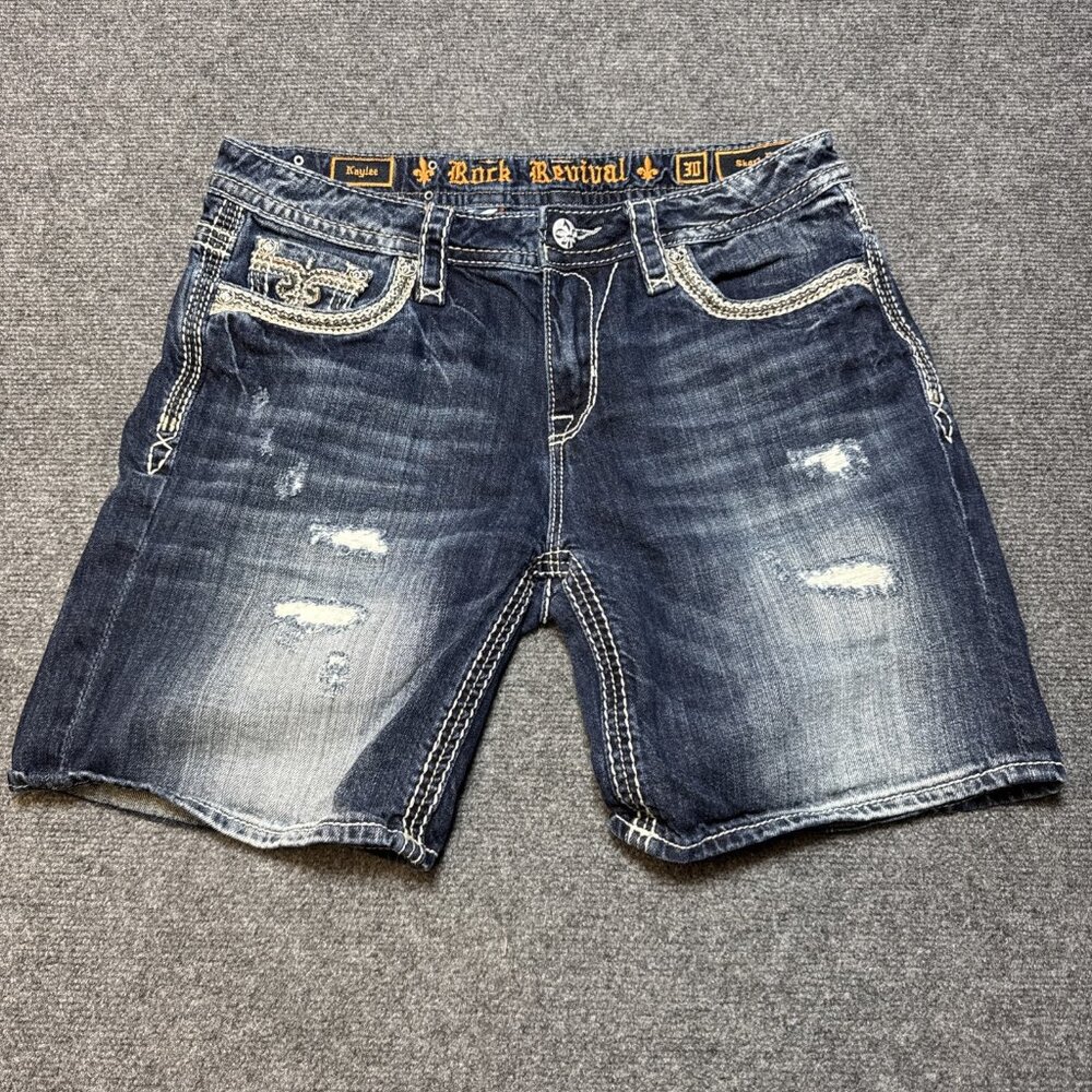 Rock Revival Kaylee Size 30 Easy‎ Short Blue Embellished Distressed Thick Stitch